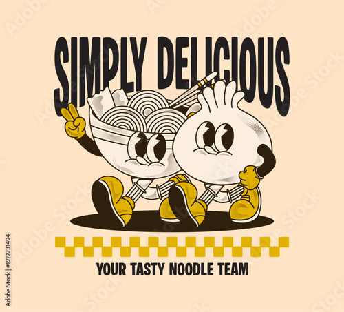 Retro cartoon character of ramen and dumpling walking together for t shirt, streetwear design and sticker, poster
