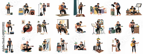 Young musicians practicing guitar at home: a collection of flat illustrations depicting various poses, instruments, and creative moments in casual, cozy settings.
