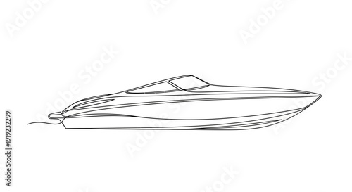 A sleek, modern speed boat is depicted in a minimalist line drawing, showcasing its aerodynamic design and powerful silhouette against a white background.