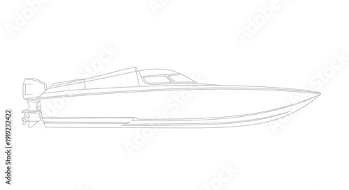 Line drawing of a sleek, high-performance speed boat with an outboard motor, viewed from the side, against a plain white background.