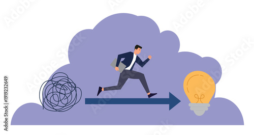 businessman running away from mess chaos line to simple lightbulb idea, idea to find solution, thinking process or creativity to solve problem