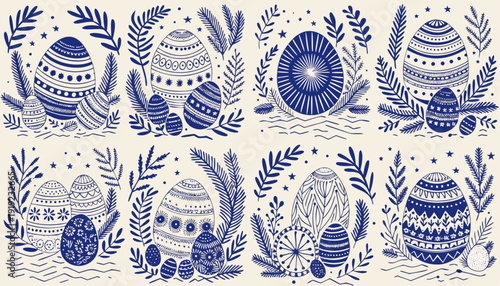 Scandinavian easter egg pattern with blue and white eggs leaves and flowers on cream background vector illustration for easter decoration and celebration