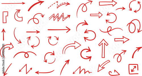 Collection of hand drawn red arrows, curved directions and sketch navigation symbols isolated on white background for design elements