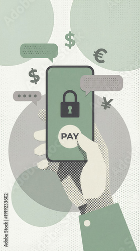 Hand holding smartphone with secure payment app, lock icon and currency symbols, representing safe digital financial transaction technology.