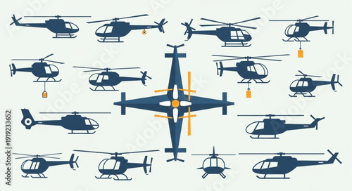 Collection of Various Helicopter Silhouettes in Different Poses.