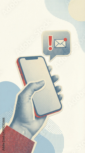 Hand holding smartphone with urgent email notification and warning symbol, representing important message alert and mobile communication concept.