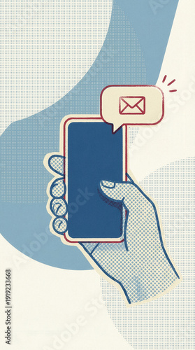 Hand holding smartphone with email notification icon, representing instant messaging, mobile communication, and digital inbox alert concept.