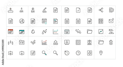 Minimal user interface icon grid featuring small system symbols such as settings, files, media controls, notifications, and app tools in clean outline vector style, modern ui ux design element collect