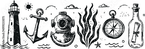 Nautical Icons Set Lighthouse, Anchor, Diving Helmet, Compass, and Message in a Bottle, representing ocean exploration and adventure