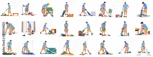 Diverse flat illustrations of men vacuuming, performing various household cleaning tasks with different types of vacuum cleaners.