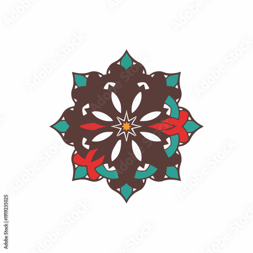 Intricate Decorative Mandala Art with Teal Red and Brown Floral Patterns on White Background Geometric Symmetry