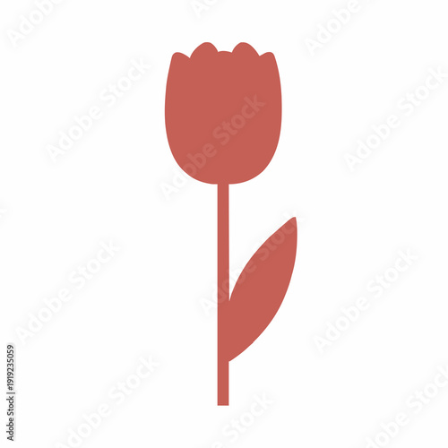 A simple salmon pink tulip silhouette stands tall against a plain white background with a single leaf on its stem symbolizing spring growth and natural beauty