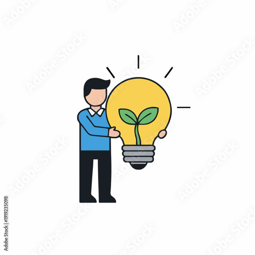 Man Holding a Light Bulb with a Growing Plant Symbolizing New Ideas and Innovation on a White Background