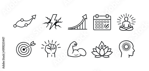 Business and mind growth linear icon set. Productivity, development, wellness icons collection.