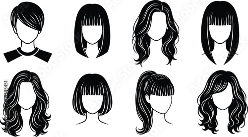 Set of female hairstyle silhouettes with various modern haircuts isolated on light background for beauty, salon, and fashion design use
