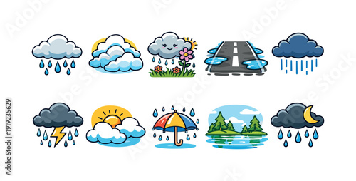 Weather forecast 3d icon set. Rain, sun, cloudy, storm 3d icons collection