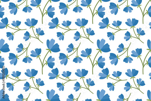Seamless pattern with blue flowers. Spring and summer design with vibrant colors. Green floral motif is perfect for fabric, cards, and typography.