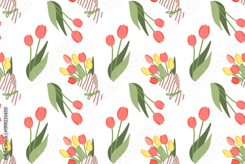 Seamless pattern with red tulips and a bouquet. Spring and summer design with vibrant flowers. Green plant motif is perfect for fabric, cards, and typography.