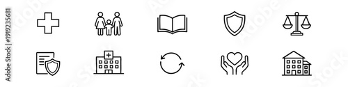 Set of blue and black line icons for insurance, healthcare, law, education, and family support, perfect for corporate and service websites.