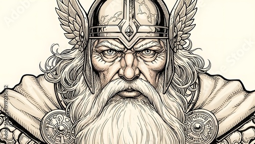 Illustration of a bearded man wearing a winged helmet and armor, showcasing intricate details and textures in a close-up view