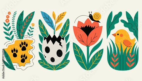 Four decorative vertical panels featuring easter elements flowers and animals in a whimsical garden scene with pastel colors