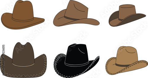Set of brown and black cowboy hats, western headwear icons, vintage rancher style accessories for wild west