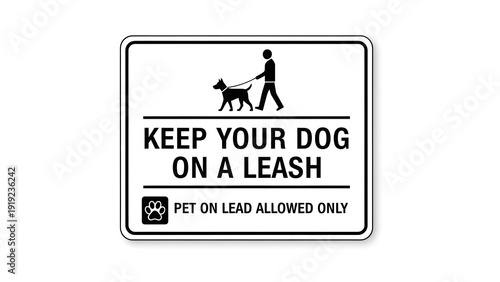 Person walking dog on leash outdoors with sign indicating pet on lead allowed only, graphic illustration