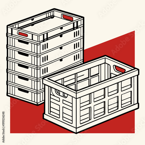 Isometric illustration of stackable plastic storage crates for logistics and retail on a bold red and beige background.