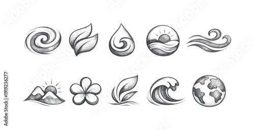 Nature elements, eco chalk line icon set. Organic, earth-friendly, sustainable symbols