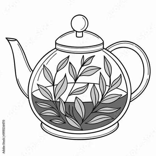 Minimalist grayscale illustration of a glass teapot with tea leaves steeping in water, capturing the essence of a serene tea-brewing ritual with a clean, classic aesthetic.