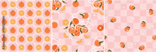 Orange fruit seamless patterns set vector. Cute citrus slices, whole oranges and mesh bags on pink checkered background. Minimalist doodle collection for textile, fabric, nursery and packaging.