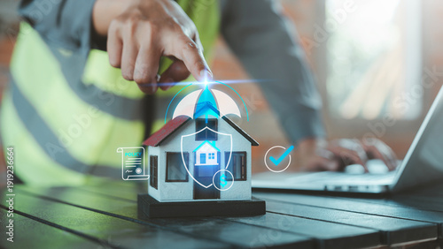 Fotografie Construction home insurance, property coverage, risk management, homeowner prote