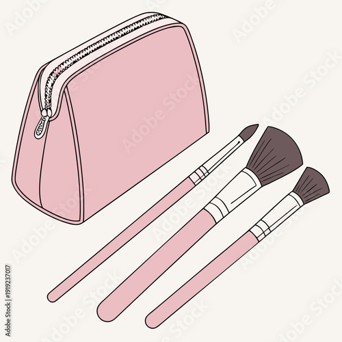 Stylish pink makeup bag and a set of three professional beauty brushes, representing essential cosmetics and glamorous self-care.