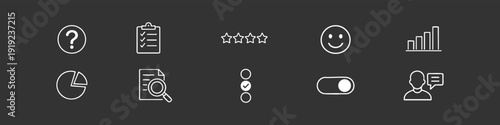 Set of white line icons for feedback, survey, and data analysis on a dark background. Includes charts, stars, smiley, and checkmarks.