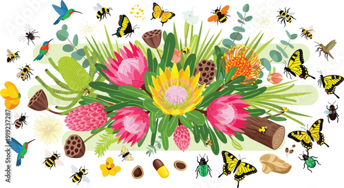 Colorful illustration of butterflies and flowers in a lush vibrant tropical garden environment with greenery
