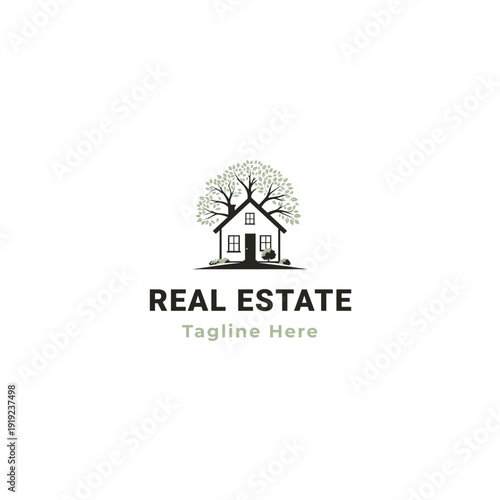 Minimalist real estate logo in black and green featuring a cozy house with a large tree behind it. Modern, clean, and professional design, ready for use in property, home, or realty branding