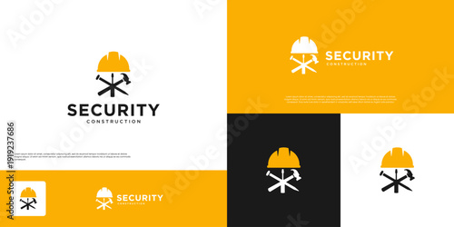 Work safety logo, with helmet and equipment, prioritizing safety, insurance, vector graphic design.