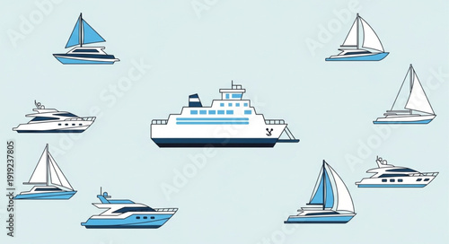 Collection of various boats and yachts on a light blue background.