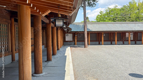 Valokuva Japanese shrine courtyard seen from a wooden corridor, traditional architectural