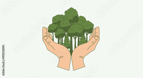 Protecting Hands Embracing a Cluster of Green Trees on a Soft Greenish Gray Background