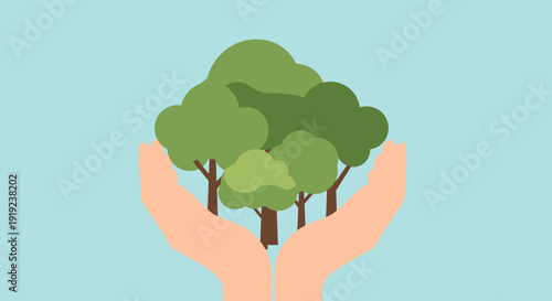 Caring Hands Holding Lush Green Trees on a Light Blue Background, Nature Protection Concept