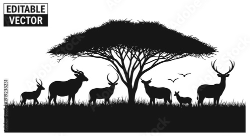 Editable Vector of African Wildlife Silhouettes with Antelopes and Birds under an Acacia Tree on Isolated White Background