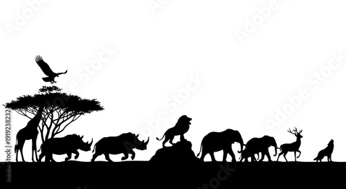 Majestic African Wildlife Silhouettes with Giraffe, Rhino, Lion, and Elephants under a Tree on Isolated White Background