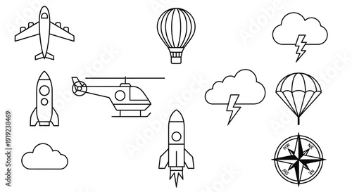 Collection of Air and Space Exploration Line Icons Including Airplane, Hot Air Balloon, Rocket, Clouds, and Compass, isolated white background.