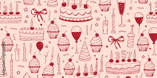 Seamless pattern of birthday cakes, cupcakes, cherries, candles, and balloons in a delightful doodle style, perfect for celebratory designs