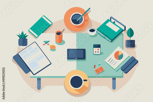 Modern workspace with laptop and office supplies on green table