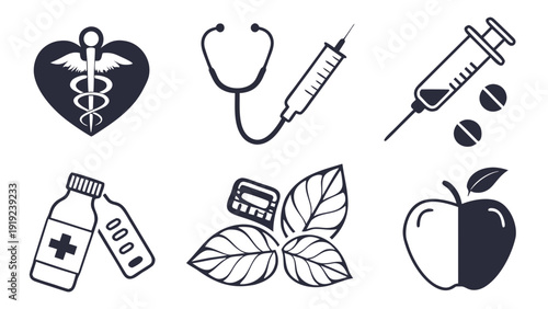 Healthcare and Wellness Icons Set. Medical Symbols, Stethoscope, Syringe, Pharmacy, Herbal Medicine, Healthy Food. Flat Line Art Vector Graphics for Health & Design.