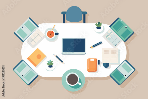 Modern office workspace with laptop and devices on white table