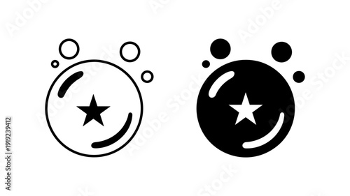 A pair of shiny bubble icons, one outlined and one filled, both containing a prominent star and surrounded by smaller bubbles.