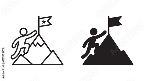 A simple outline and filled icon depicting a person energetically climbing a mountain towards a flag planted at the peak.